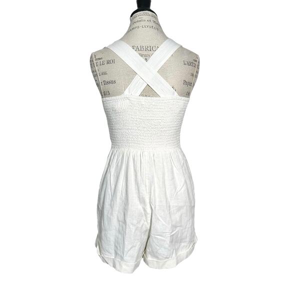 American Eagle | Women | White V-Neck Linen Blend Crossover Short Romper | Small - Picture 3 of 13